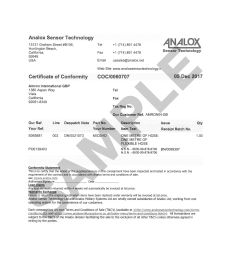 Analox Certificate of Conformance for Analox Analyzers with Non Trackable Serial Number ANALOX-CERTCONFORM2
