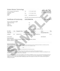 Analox Certificate of Conformance for Analox Analyzers with Traceable Serial Number - ANALOX-CERTCONFORM