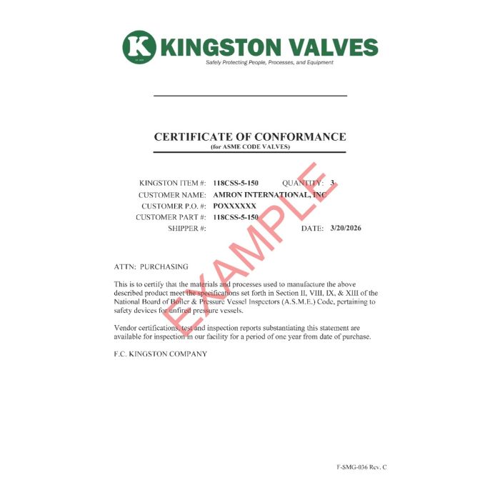 Kingston ASME CERTIFICATE OF CONFORMANCE