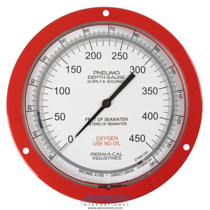 Perma-Cal 8.5IN. FF PNEUMO GAUGE; .25% ACC FS;  140 MSW/450 FSW; RED; 1/4 MNPT BK FTG PER-208FTM91R01-O