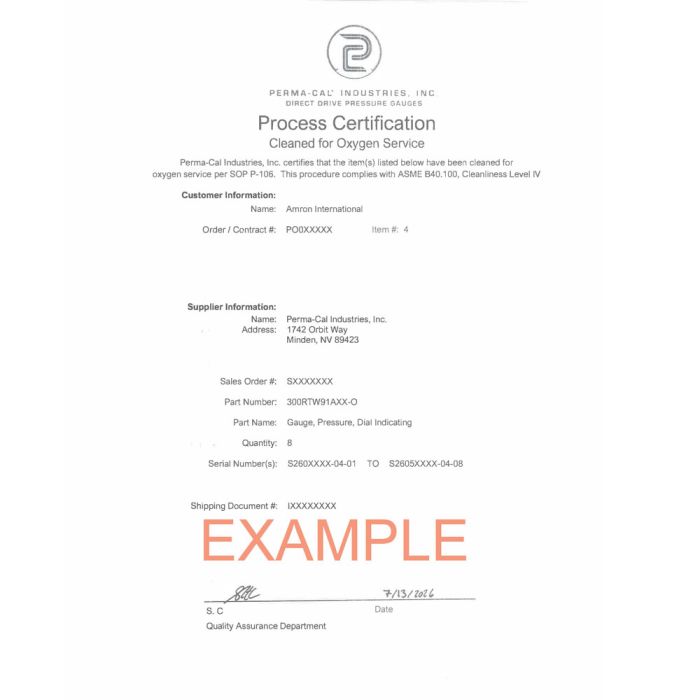 Perma-Cal Oxygen Clean Certificate