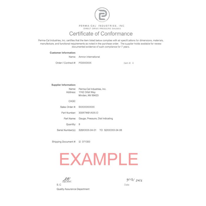 Perma-Cal Certificate of Conformance
